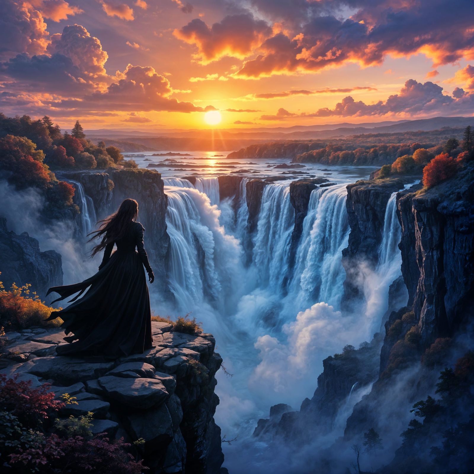 A mystical witch, her silhouette sharp against the setting sun, stands at the edge of a cliff overlooking ...  by @undefined