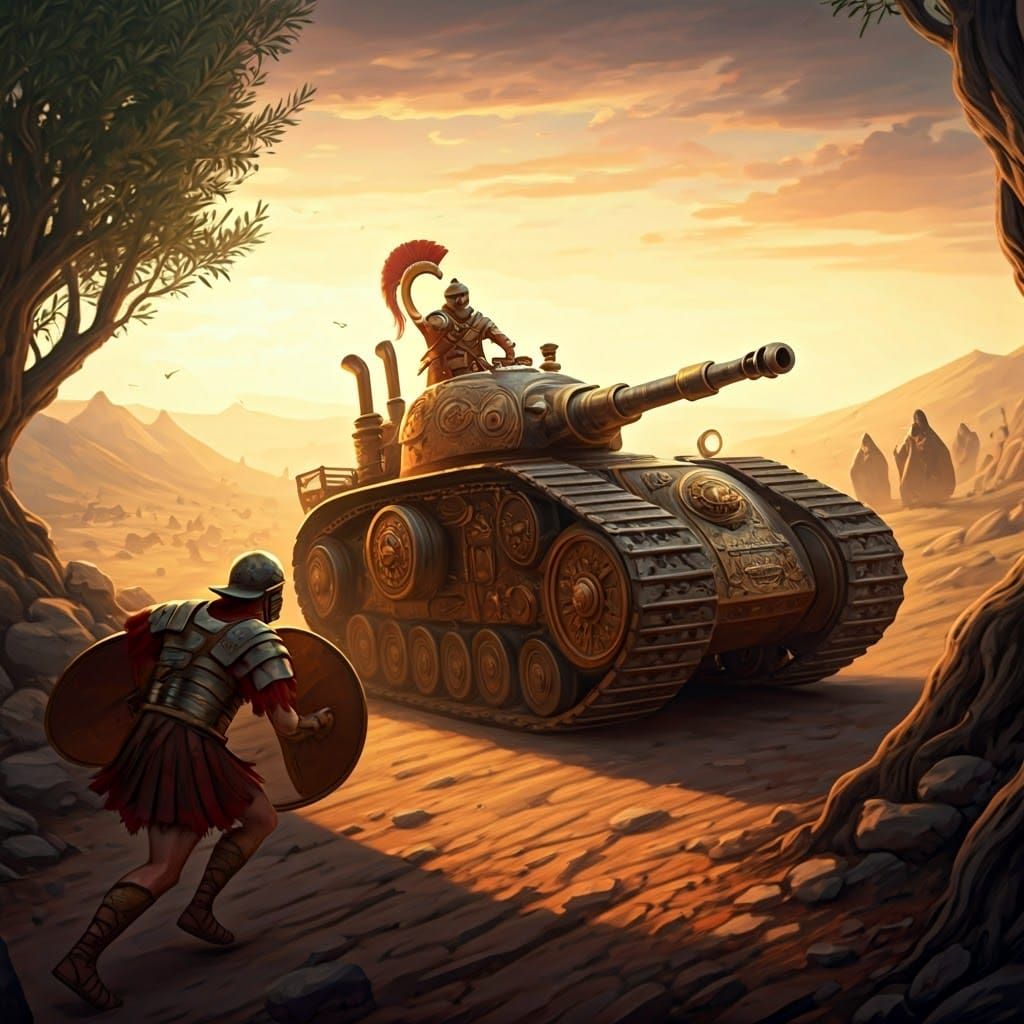 Ancient Roman Soldier Pursued by Steam-Powered Judean Tank