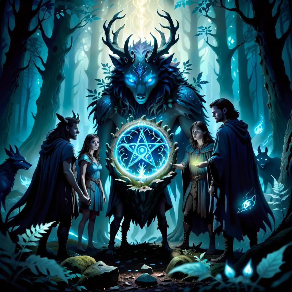 Mystical Gathering in Ancient Forest: Dark Fantasy Art