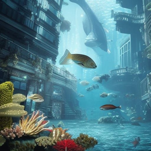 A city under water with fish swimming around it