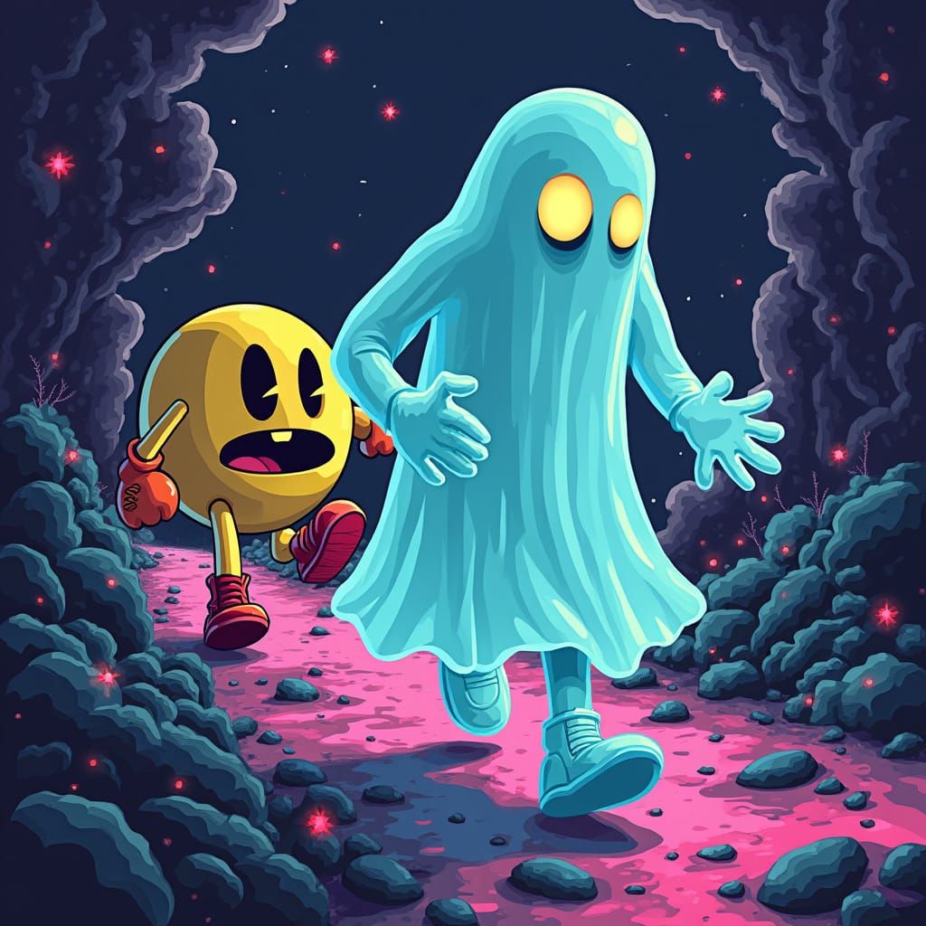 Ghostly Figure Flees Pac-Man in Neon-Lit 8-Bit Landscape