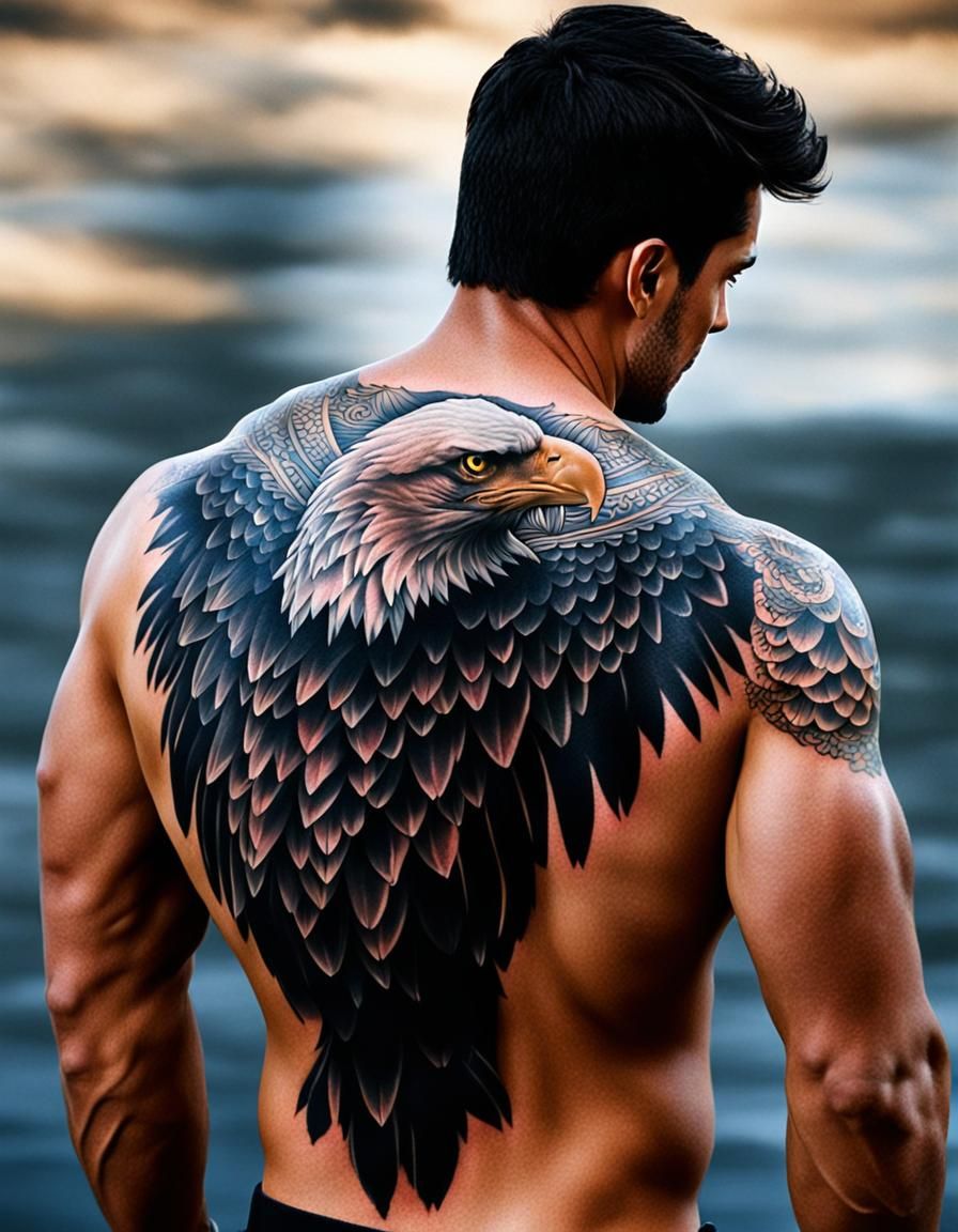 Tattoos  
on the back in intricate detail of a Eagle on a ha...