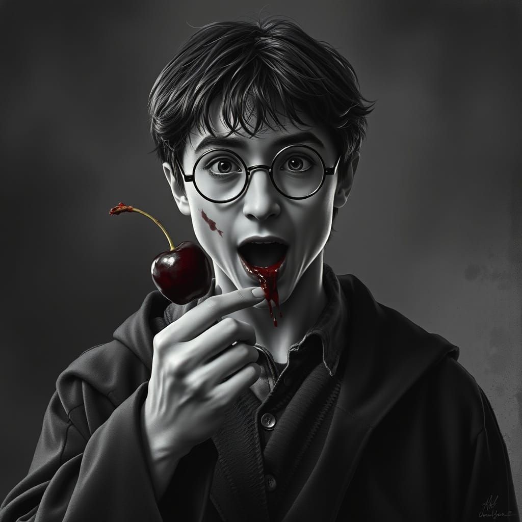 Harry Potter Eating Cherry: Grayscale Cinematic Portrait