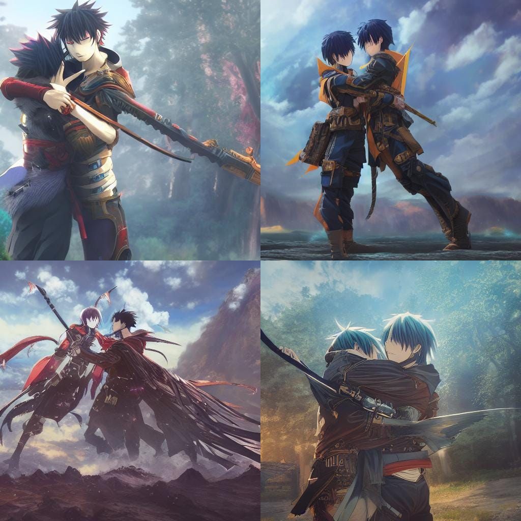 Anime boys hugging each other