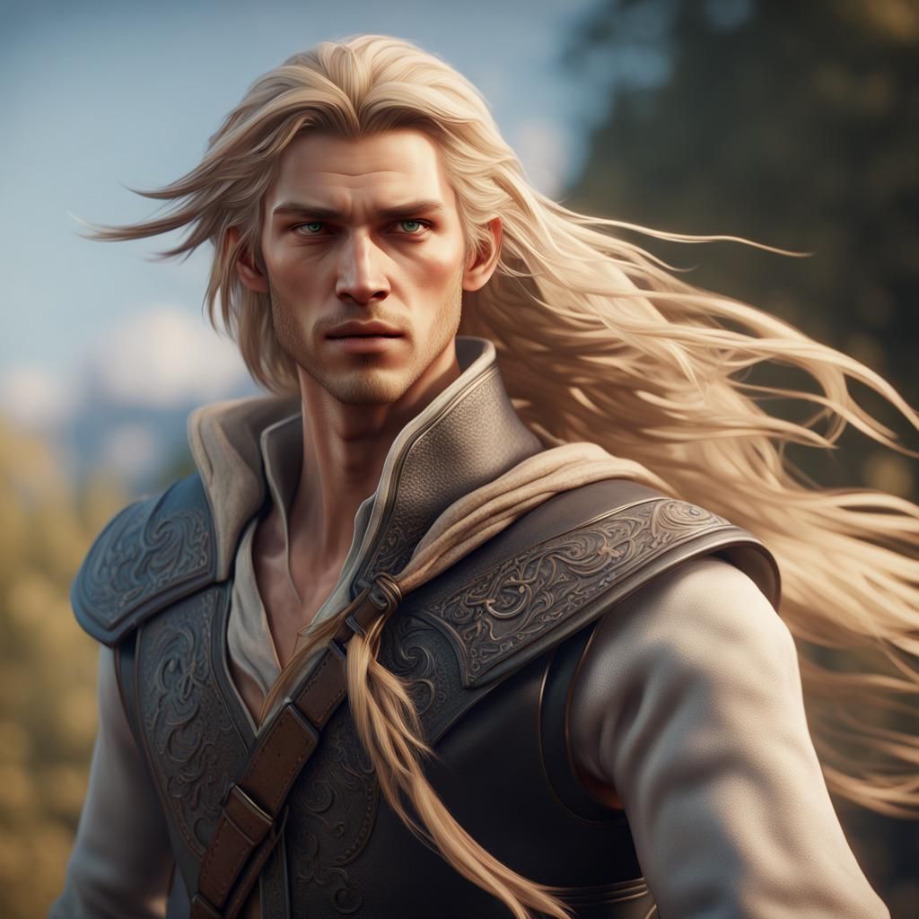 pretty androgynous young man with long blond hair controling...