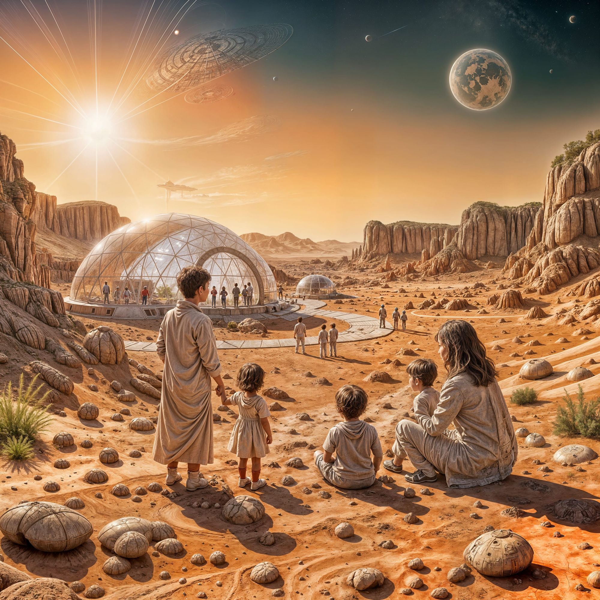 A child's drawing, rendered with the Seedream 4.0 model, depicts a family reunion on a terraformed Mars in 2077. The drawing style is naive ...