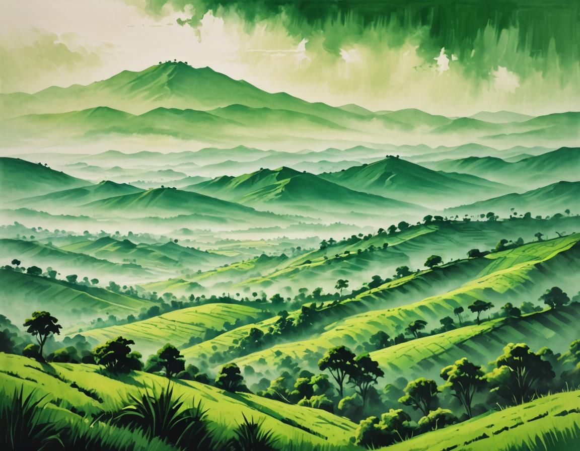 Monochrome painting of beautiful green Burundi landscape covered in low mist  by @Fokje