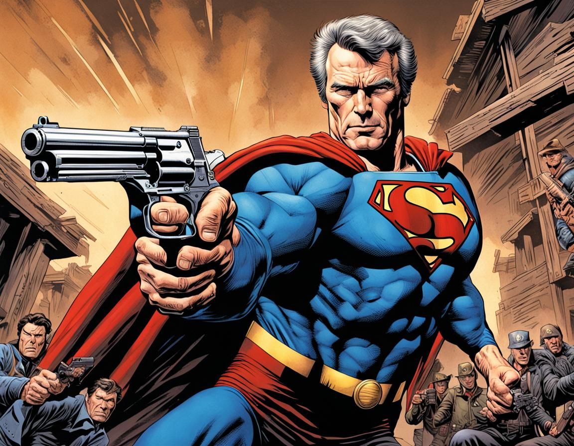 Clint Eastwood as Superman holding a .45 Magnum handgun Mark...