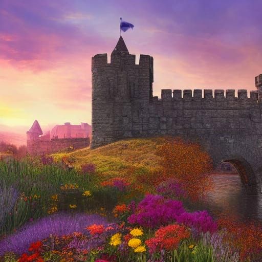 Medieval Castle at Sunset with Skyrim Fantasy Landscape