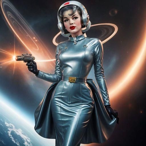 Photorealistic extreme wide shot full body portrait Retro fu...