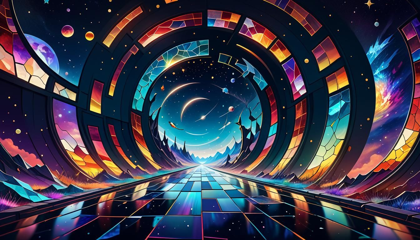 the colorful fractured road made from stained glass  that fl...