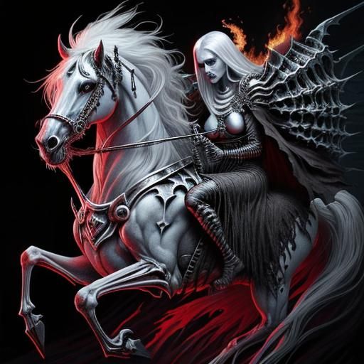 Skeleton wraith riding on the back of a white ghost horse with red ...