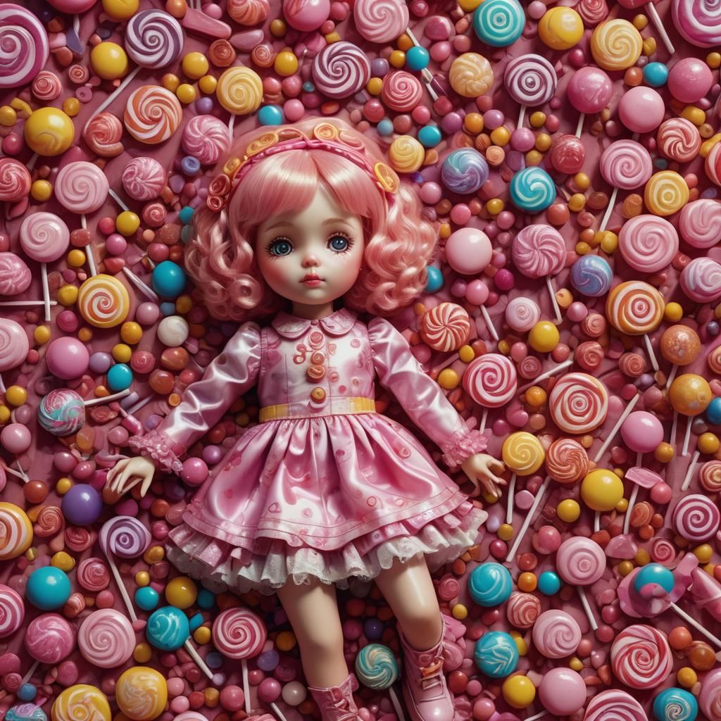 Small Pink Doll Surrounded by Lollipops: Fantasy Art