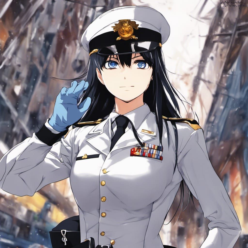 1girl, black hair, blue eyes, large breast, white military uniform, white  uniform, hat, gloves. - AI Generated Artwork - NightCafe Creator