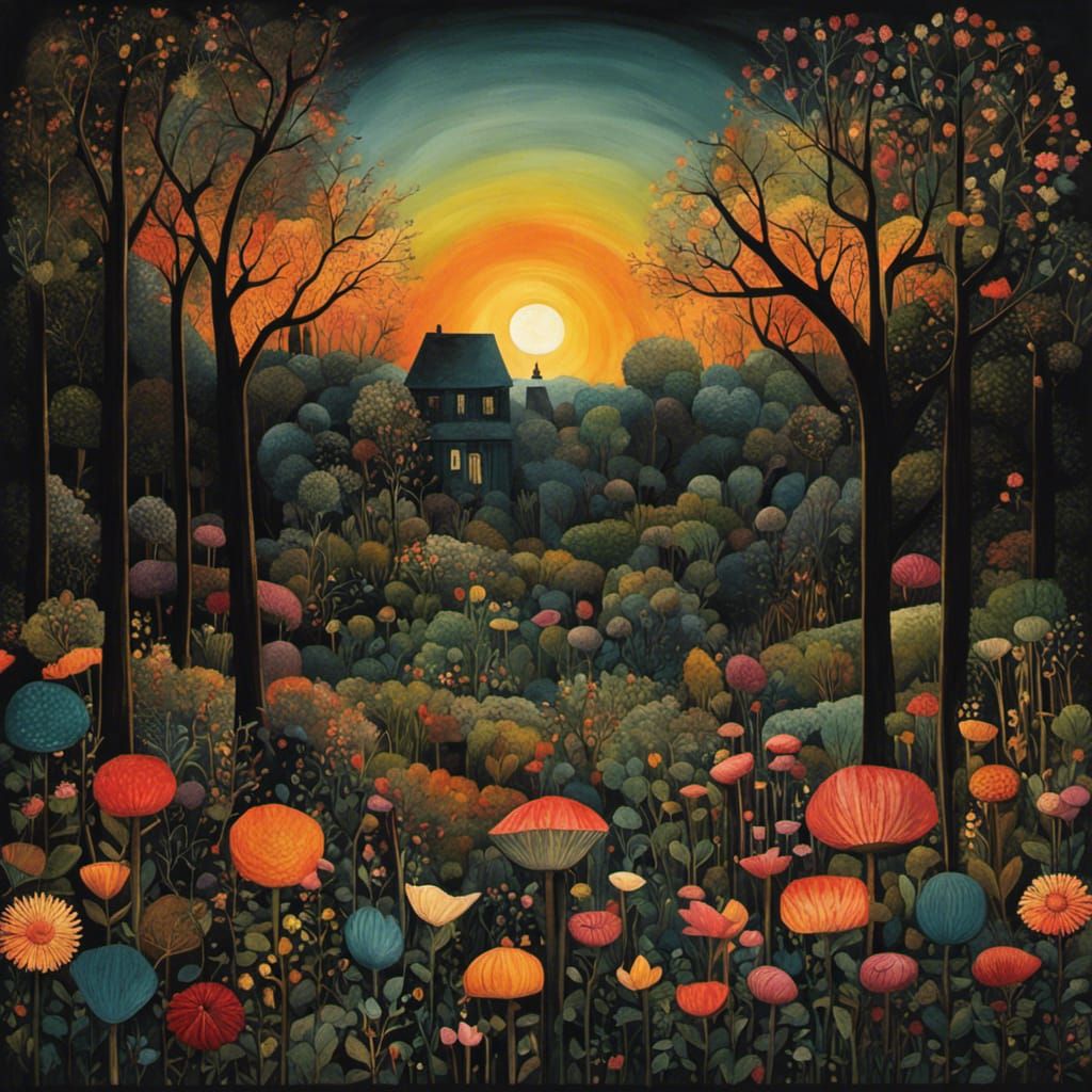 the sun shines on a blooming garden in a dark backyard betwe...