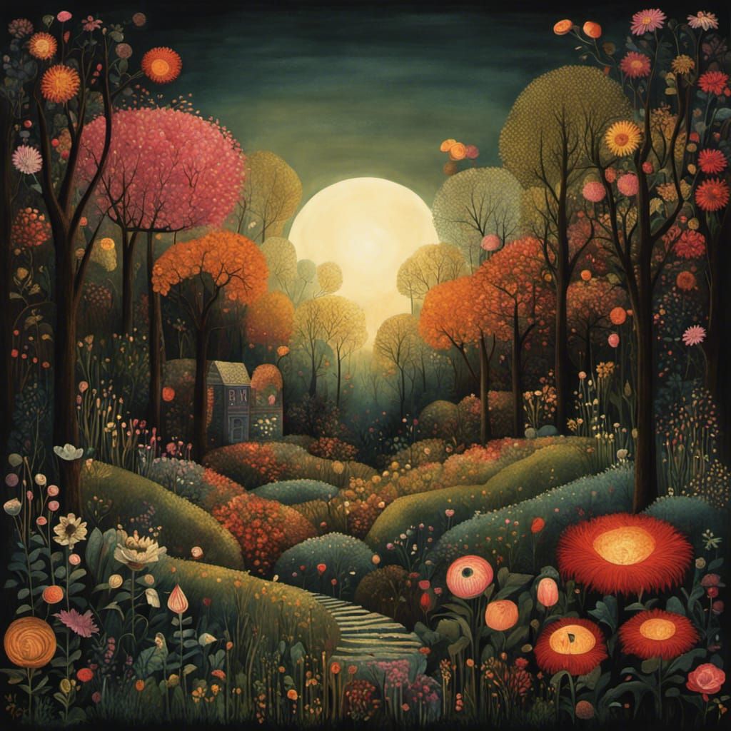 the sun shines on a blooming garden in a dark backyard betwe...