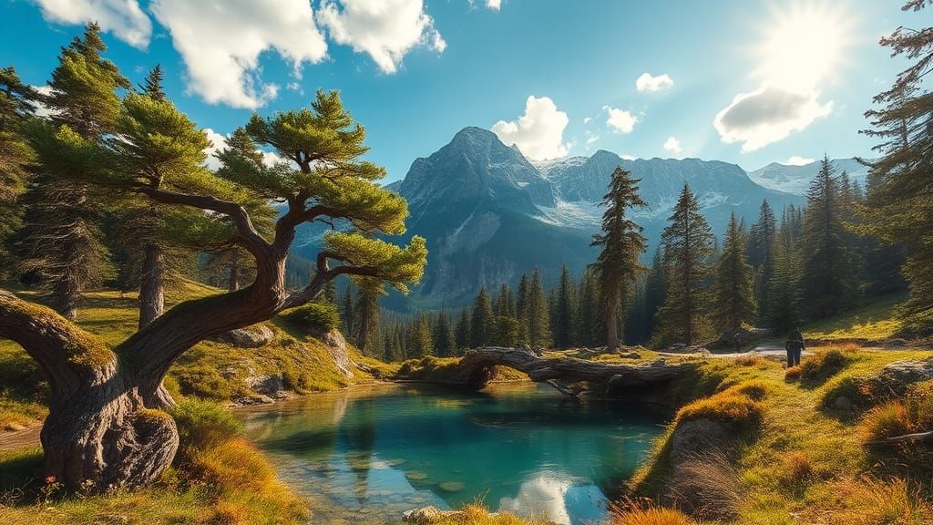 A pond high in the mountains with old fir trees. Sun is bright. Some nice clouds in the sky. Snow capped mountains in the background. Wide a...