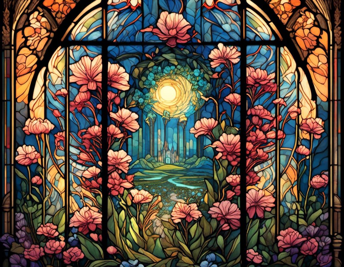 Stained glass flowers, Dan Mumford, Cyril Rolando, MW Kaluta, Louis Comfort Tiffany, Dale Chihuly, hyper-detailed, hyperrealistic, digital l...