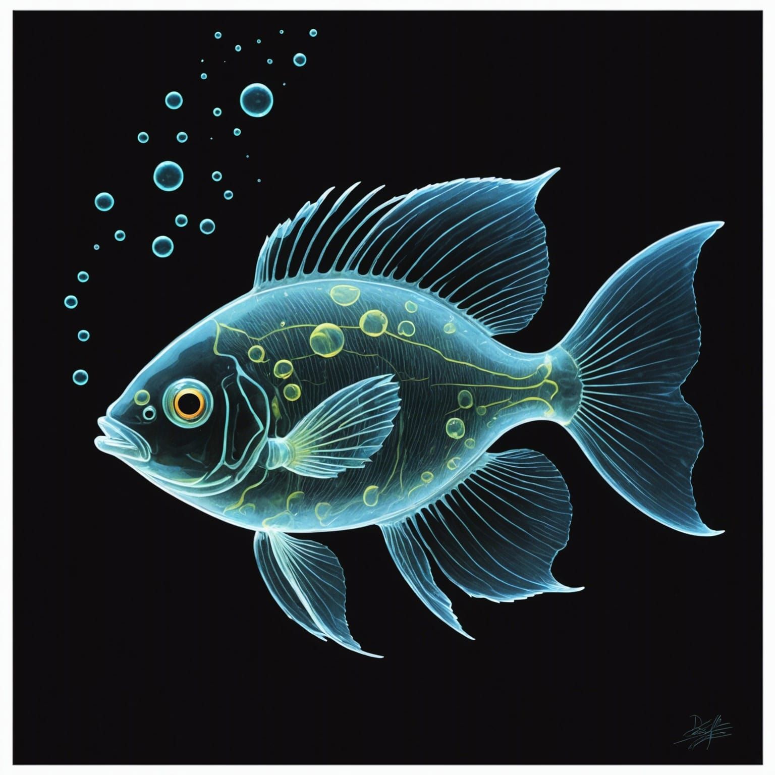 Wide angle drawing of a clear fish with small, bioluminescent fish ...