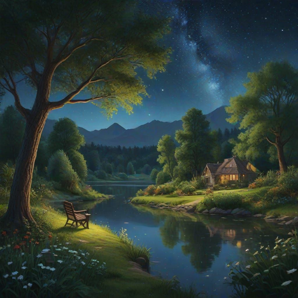 A magical garden where everything (like trees, plants, ) glows gently at night and this garden also has a lake with clean water and people c...