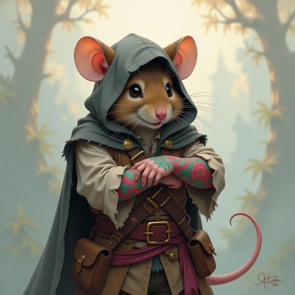 a highly detailed anthropomorphic mouse in shabby clothes and a grey cloak on his shoulders, rolls up his sleeve and shows a pirate ultra-de...
