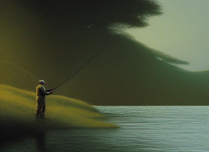 fisherman in waders fly fishing for rainbow trout in a clear...