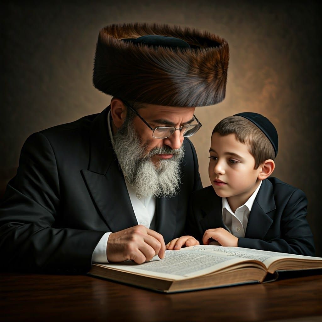 Hasidic Father and Son Studying Torah