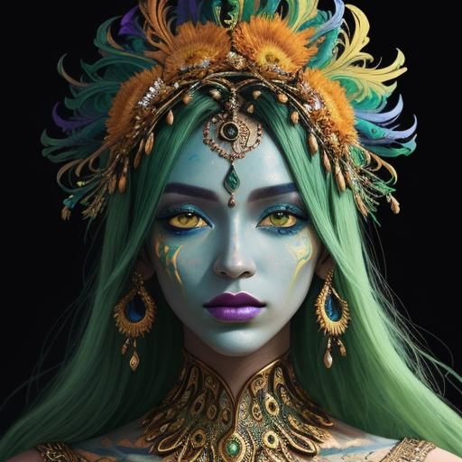 Beautiful woman with metallic gold skin, yellow peacock feat...