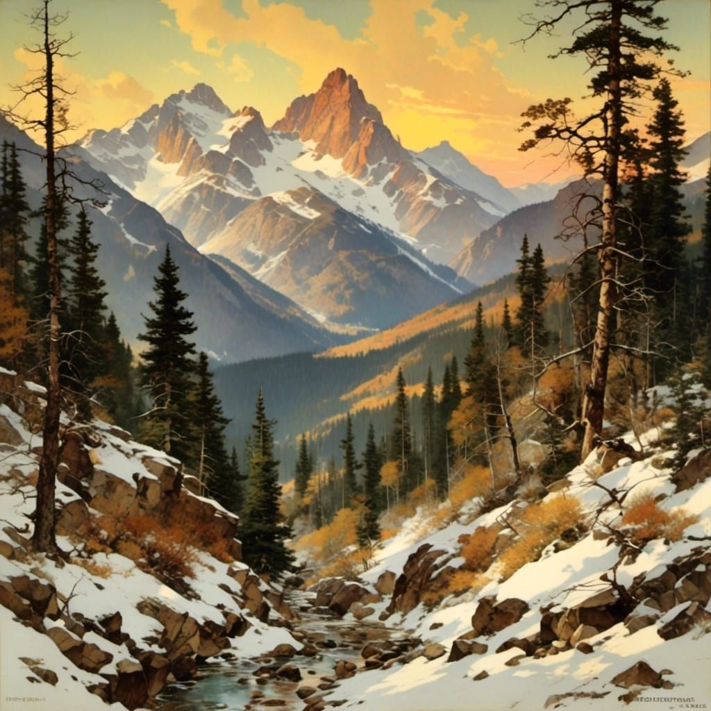  <lora:Norman Rockwell:1.0> an awe-inspiring rocky mountain sunset