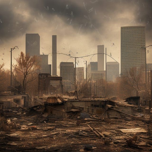 Realistic portrait of blighted Detroit in 2050 overridden wi...