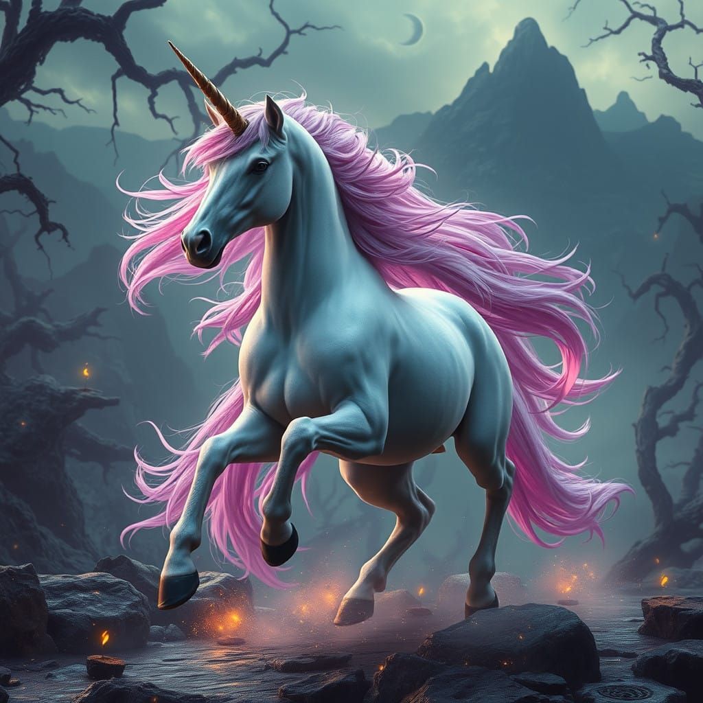 Ethereal Unicorn Gallops in Dark Fantasy Dreamscape