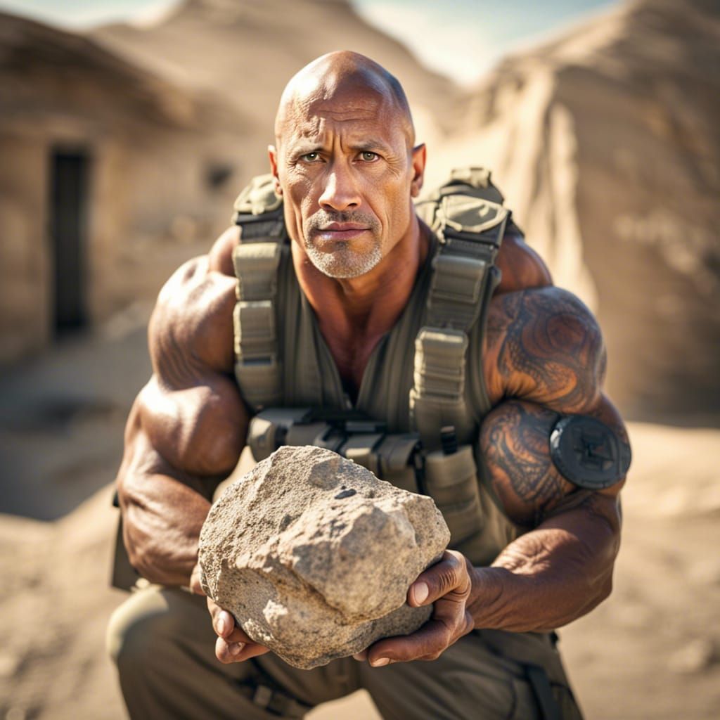 "Dwayne the rock Johnson holding a rock while in Iraq", extr...