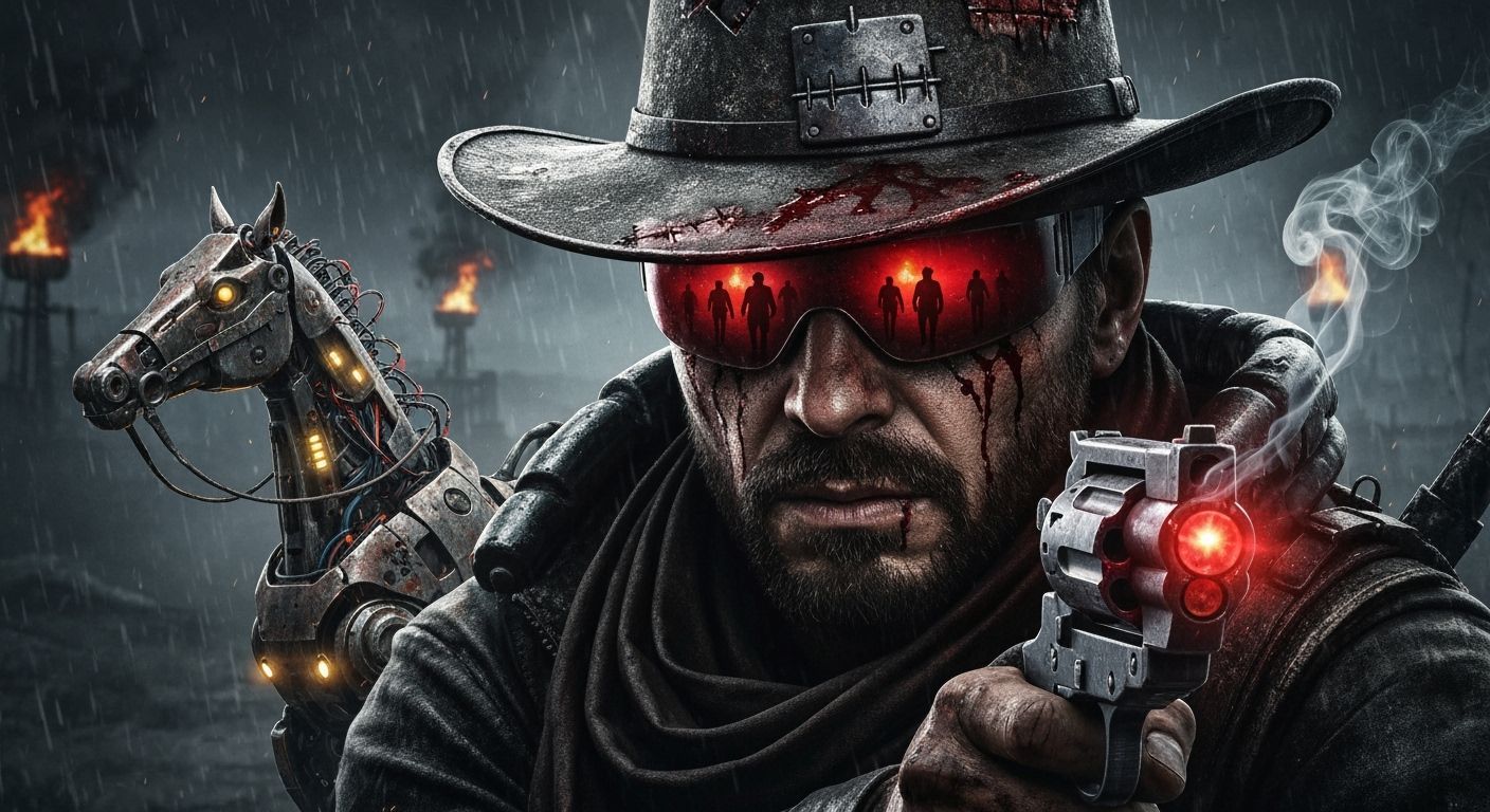 A dark, gritty close-up of a futuristic cowboy mid-gunfight. His face is shadowed and grim, cracked with dirt, stubble, and dried blood. A d...