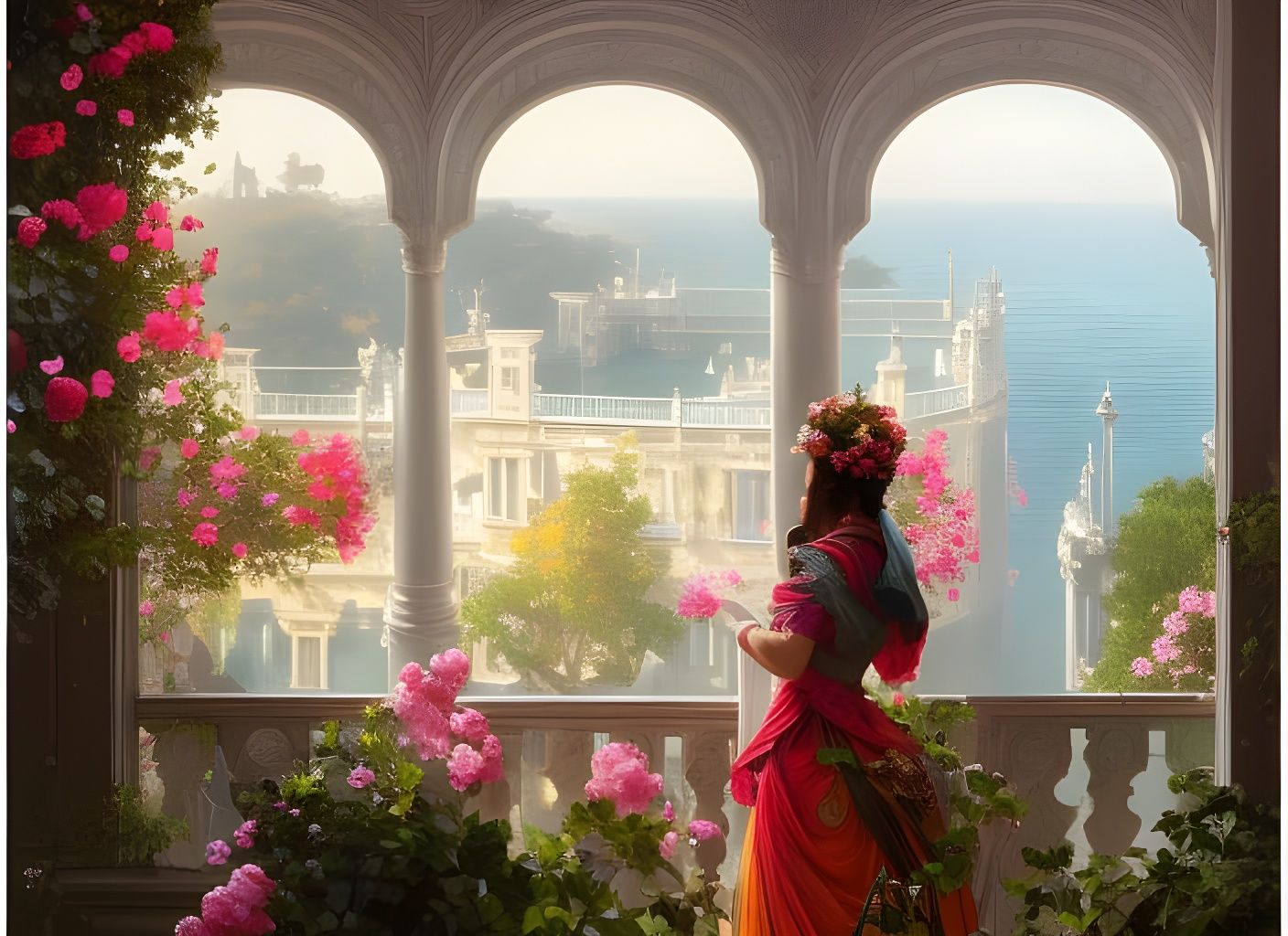 A woman at balcony with roses, view on the sea 8k resolution concept art by Greg Rutkowski dynamic lighting ...  by @Christine Gauthier