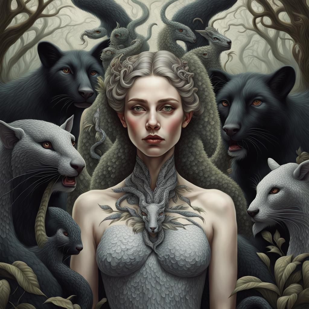 a painting of a woman surrounded by black animals, furry, sc...