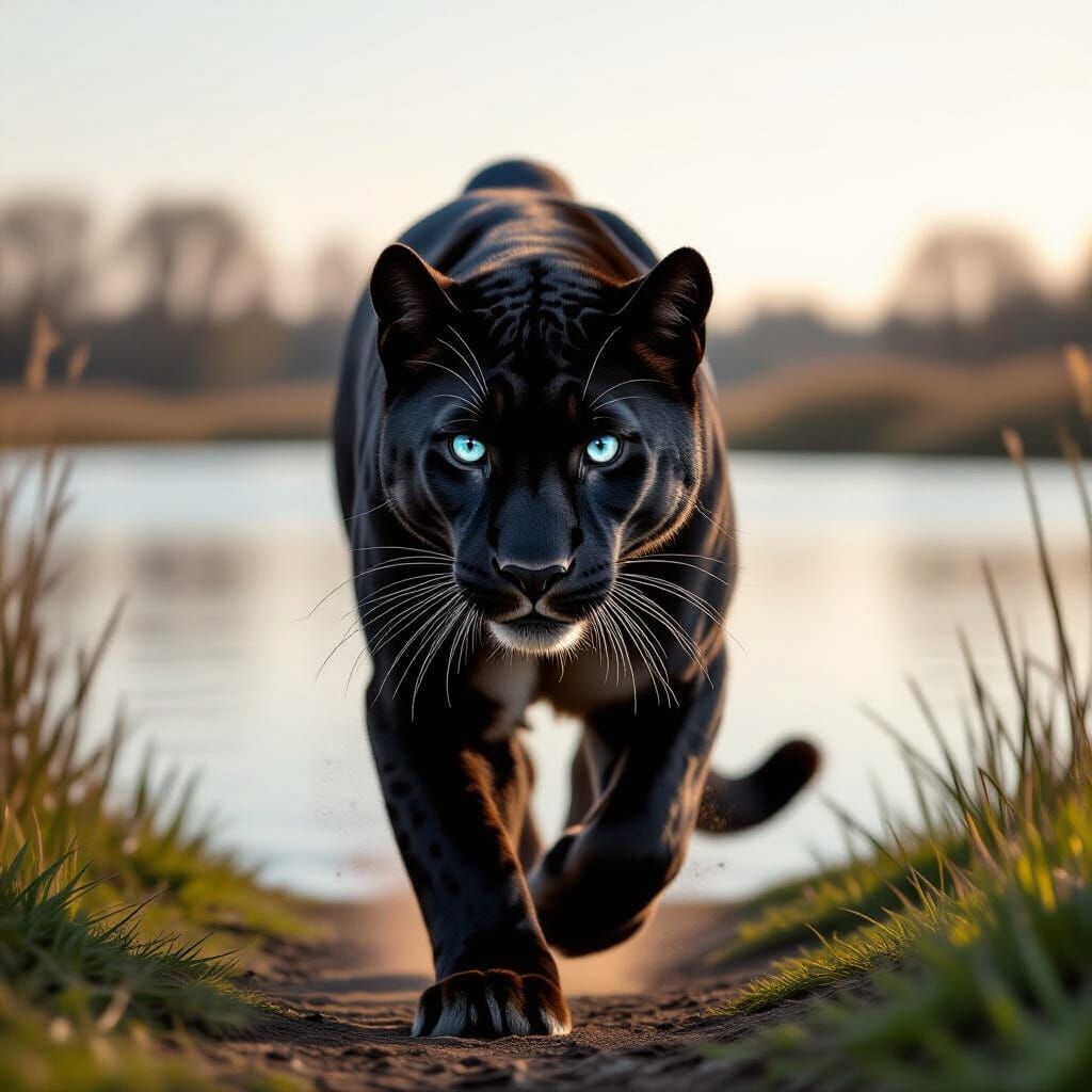 תמונה ריאליסטית של נמר שחור עם עיניים כחולות נוצצות וזוהרות ...