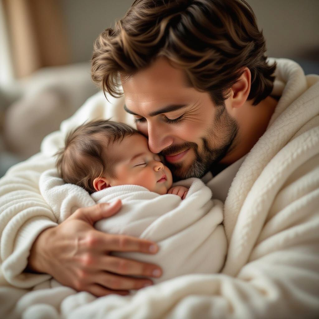 Newborn Baby Embraced by Father in Tender Moment
