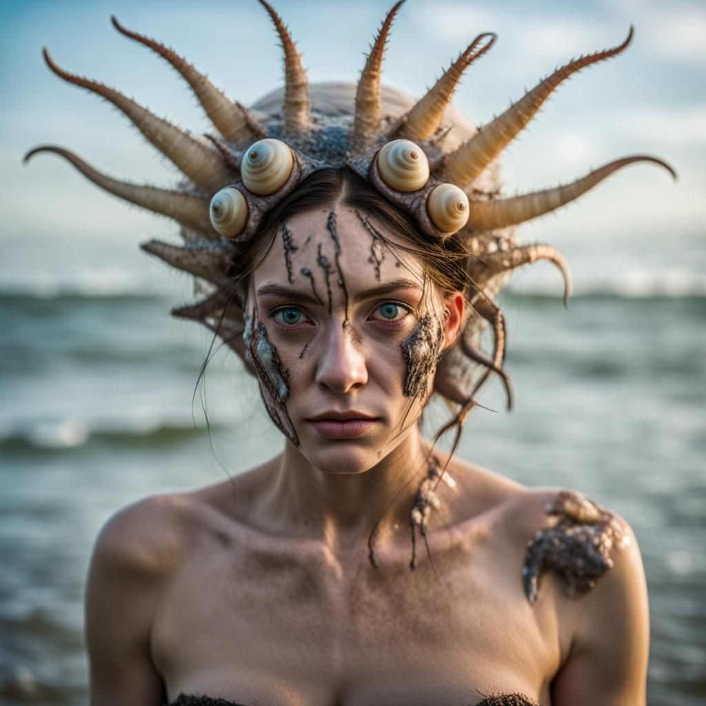 mutant hybrid of human woman and mollusk, feral amphibious  ...