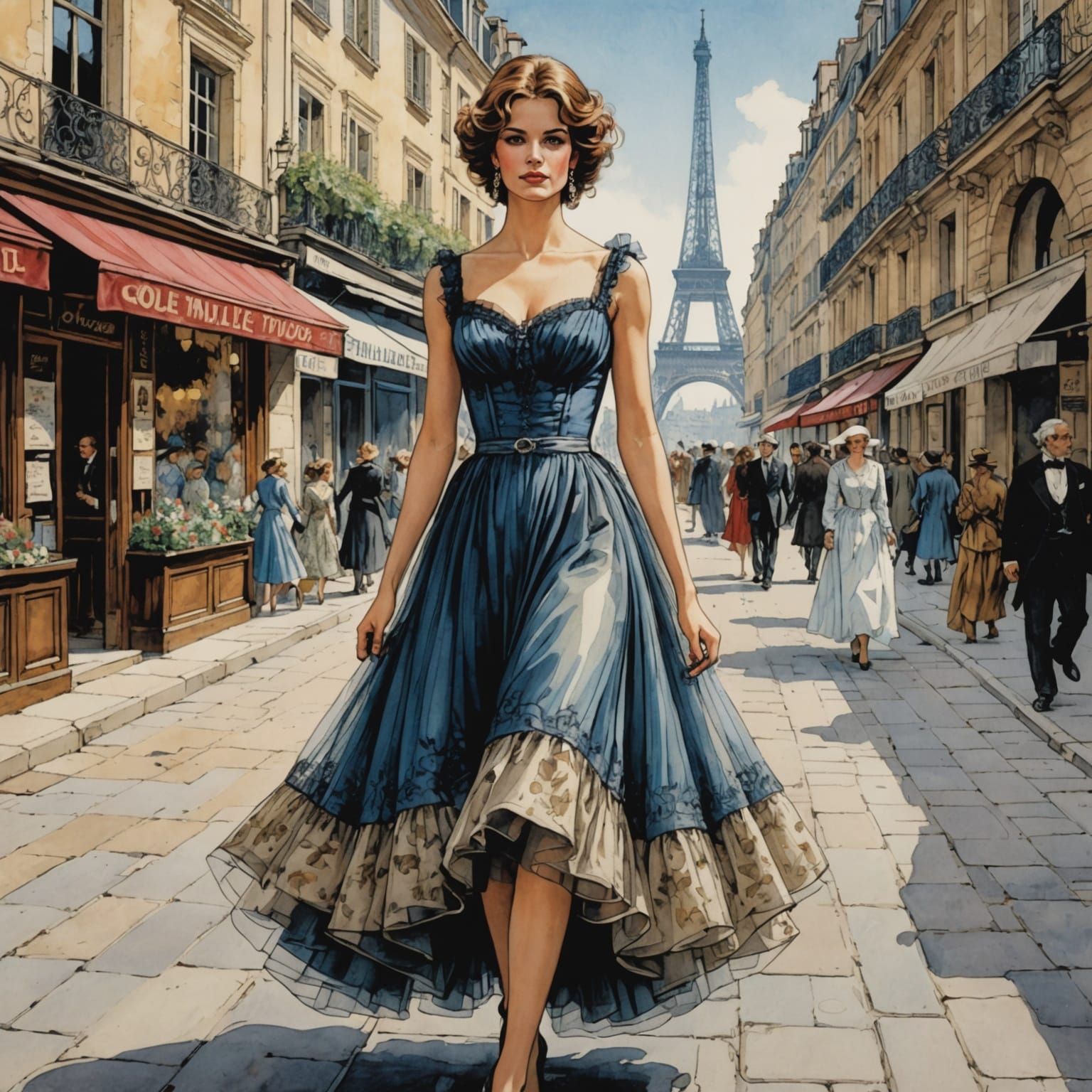 A pretty woman wearing a posh tulle dress. 19th century,