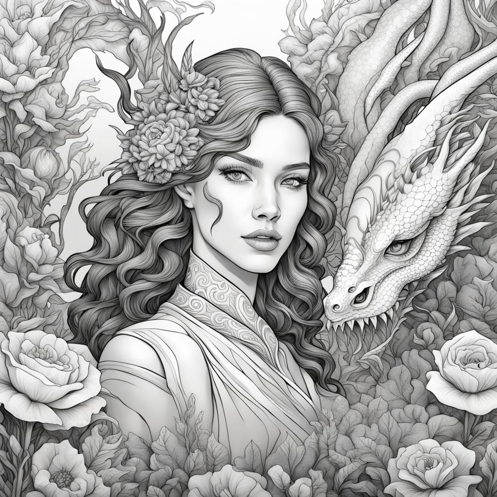 A black and white  line art drawing of a woman with a dragon and roses .woman with a dragon and flowers no colour background colouring ...  by @Andrea