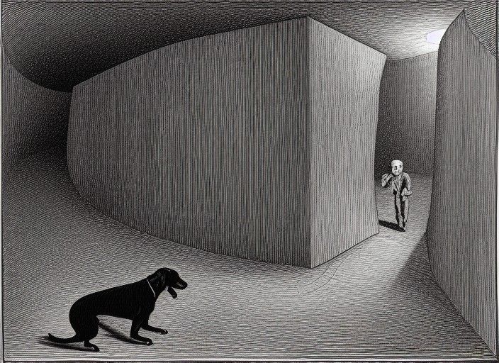 A black and white render of a man wandering a liminal maze with his dog ...