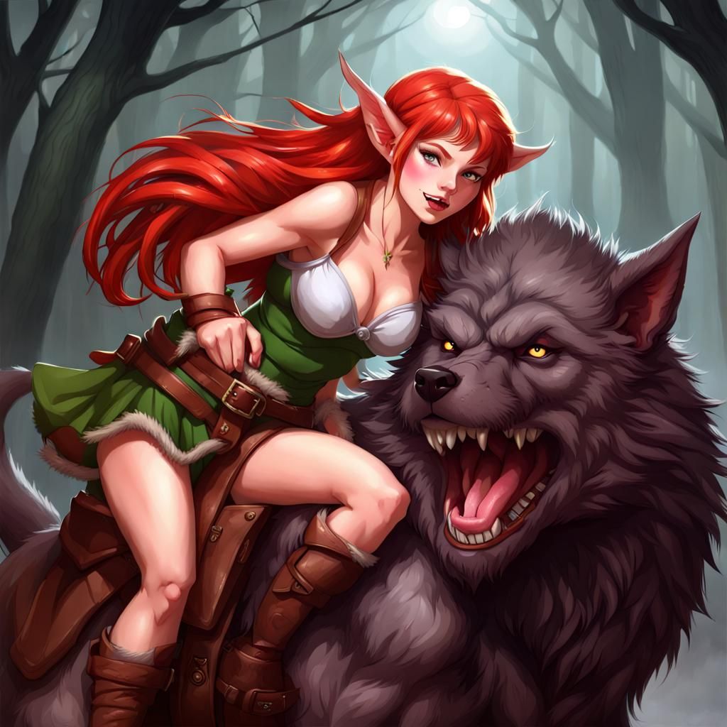 Largest titts red-haired elf riding a werewolf - AI Generated Artwork -  NightCafe Creator