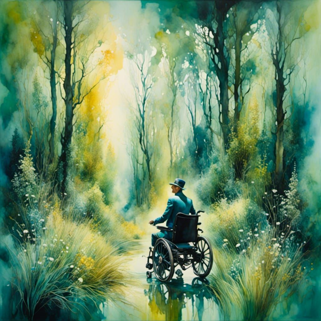 Surreal portrait of a man using an electric wheelchair, alcohol ink and watercolor  <lora:Surreal mobility art:1.0>