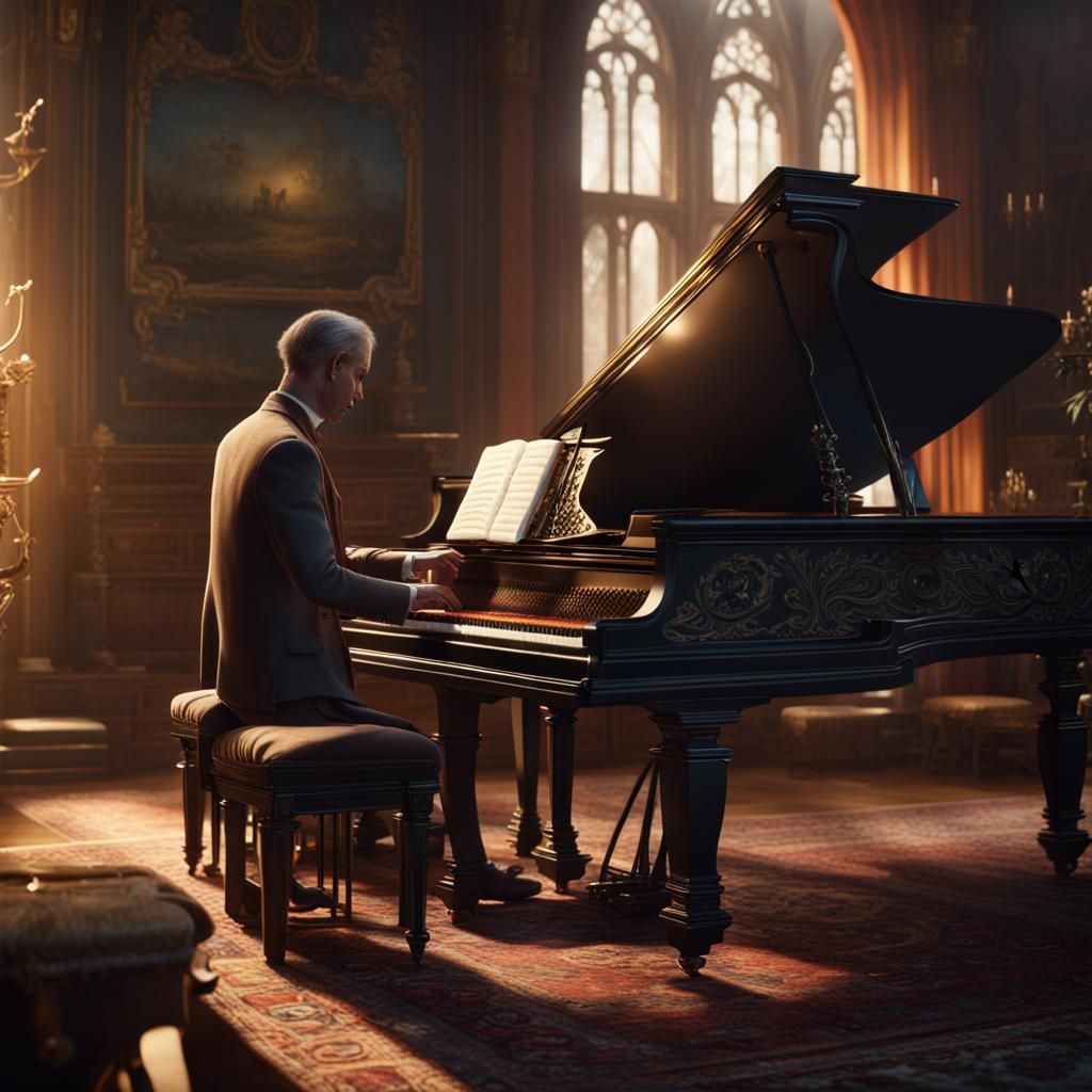 Semischultz playing the piano in front of his son
