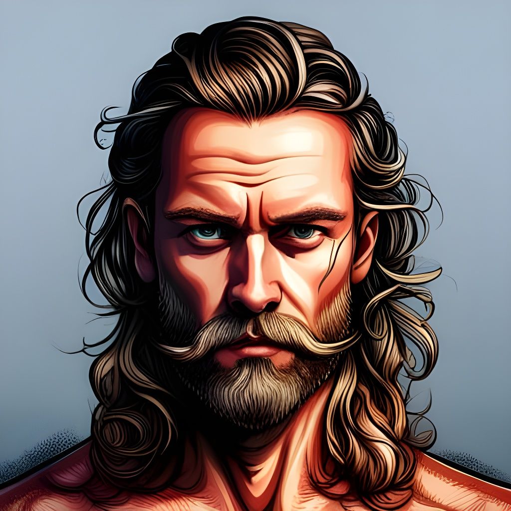 Painting of strong man with beard and long hair