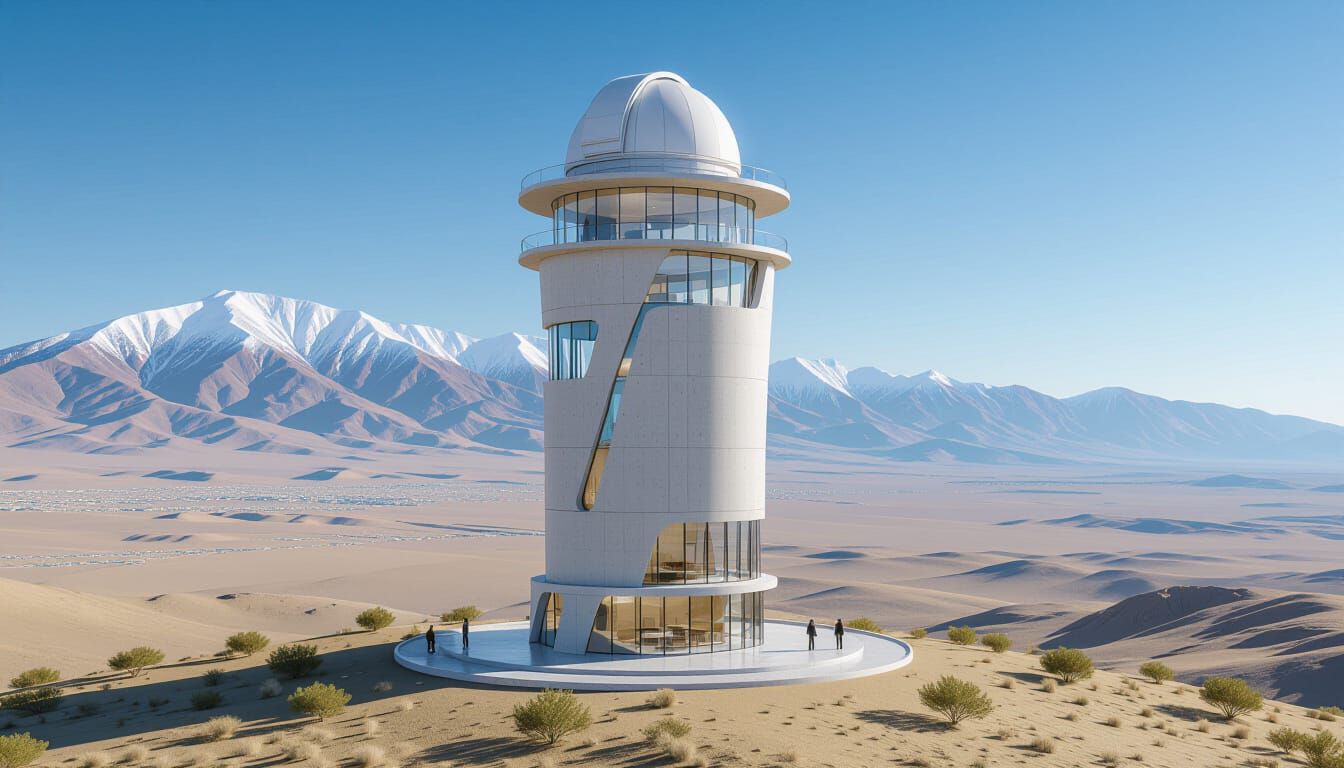 A **futuristic, five-story residential lighthouse tower**, constructed from **light-gray fibermesh-reinforced concrete** with a smooth, seam...