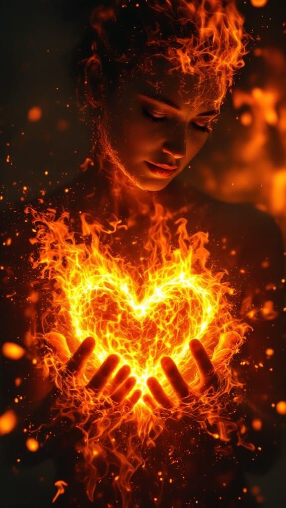 A woman entirely made of flames offers her flaming heart to the viewer. meticulous detailed, perfect ...  by @LoscoFiguro