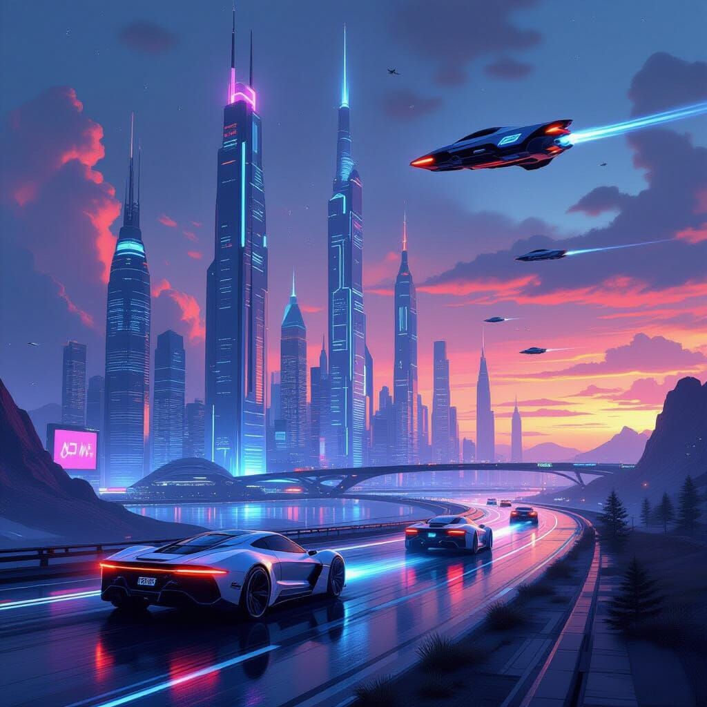 Vibrant Cyberpunk Cityscape with Flying Cars