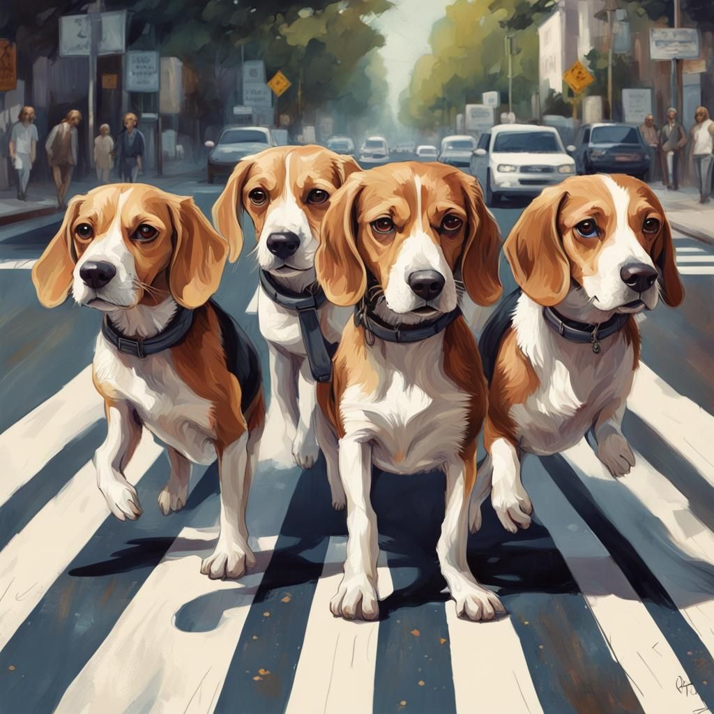 Portrait of four adorable antropomorphic beagles crossing Ab...