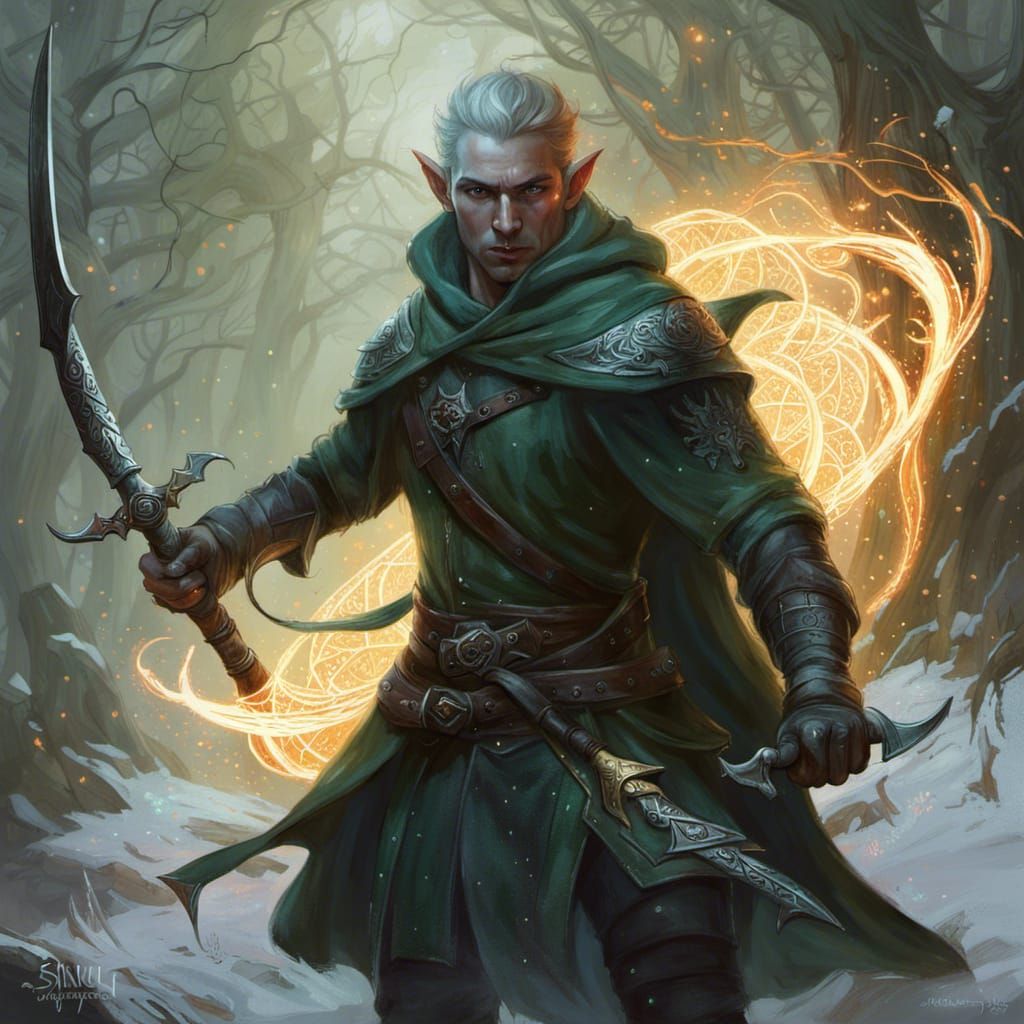 Insanely detailed photograph of a fierce elven male rogue with magic ...